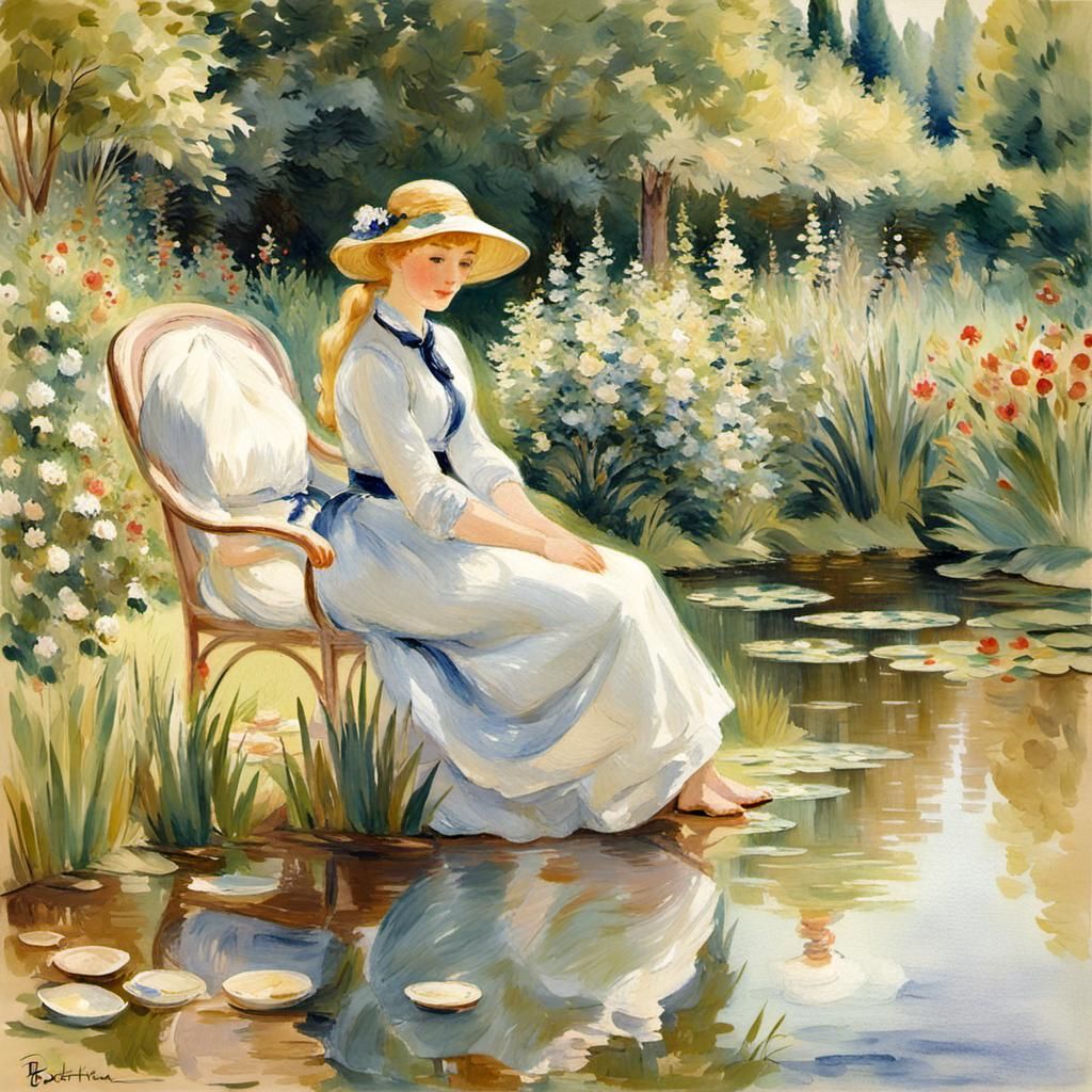 Blonde Lady in Garden, Impressionistic Style
