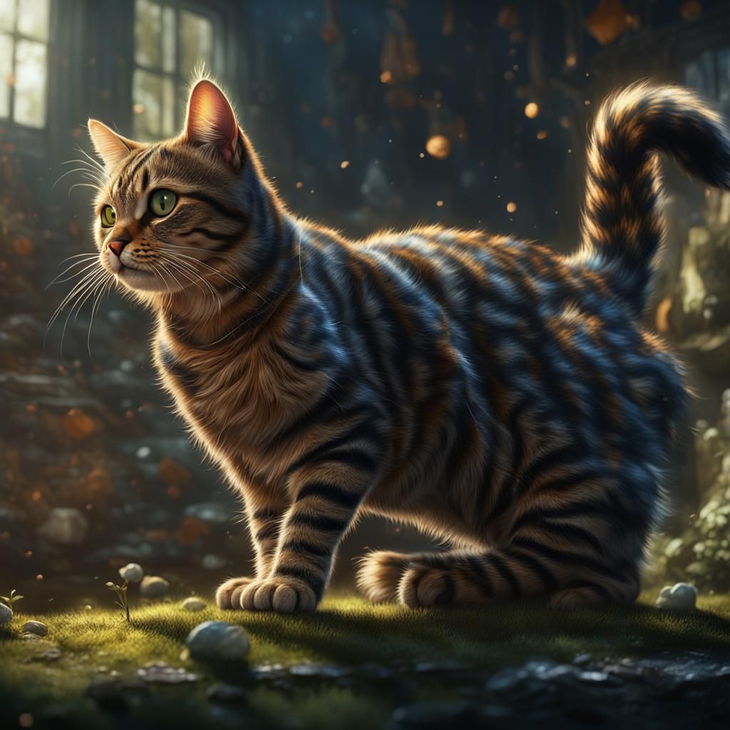 Tabby Cat Stretching: Detailed Matte Painting