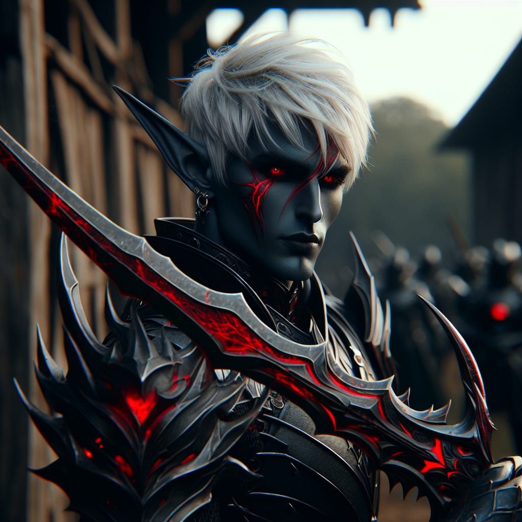 Drow Shadowknight in Training Yard with Damascus Steel Sword