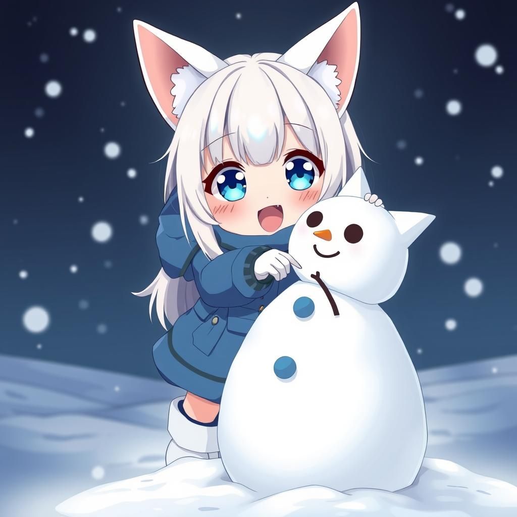 Anime Catgirl Builds Cat-Eared Snowman