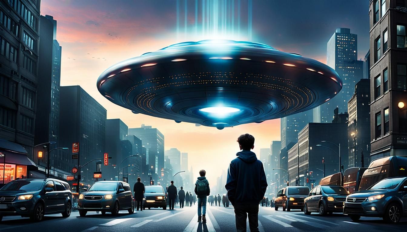 Boy Stares at UFO Hovering Over City