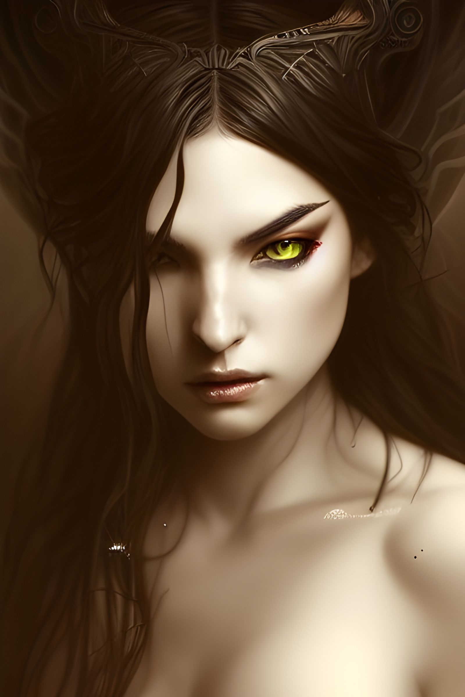 Sinister Goddess with Long Hair, Digital Illustration