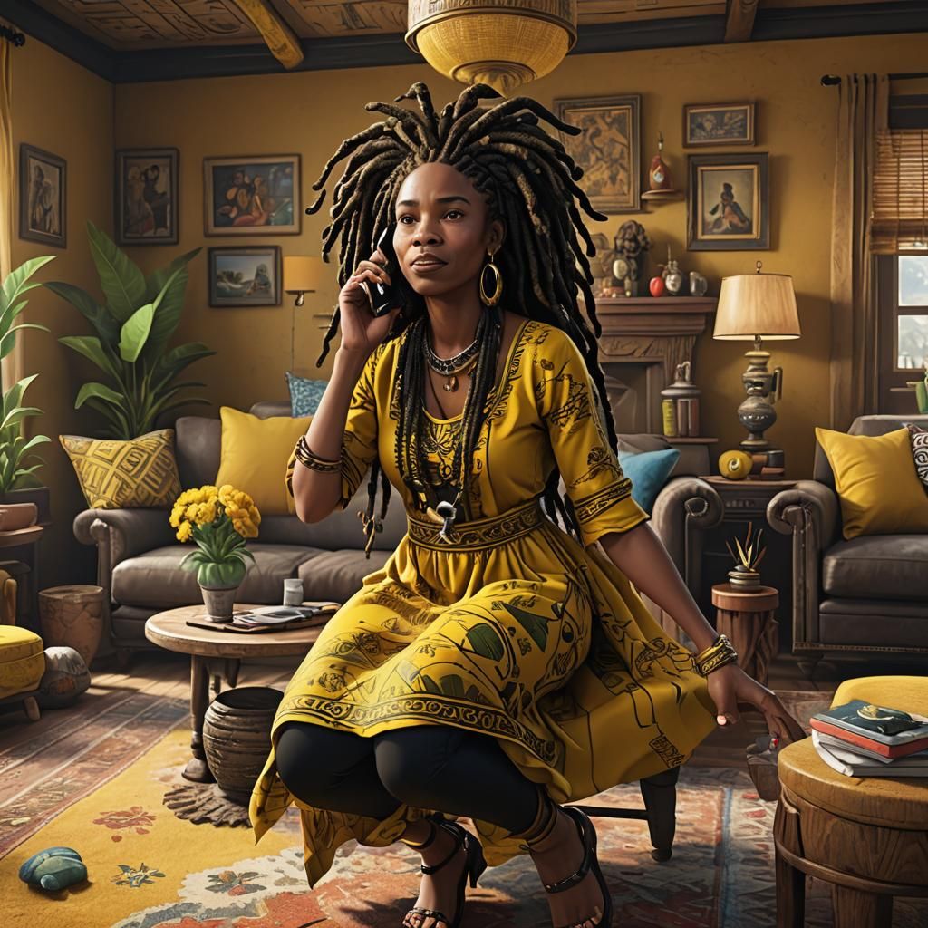 Black Woman in Afrocentric Living Room, Digital Art