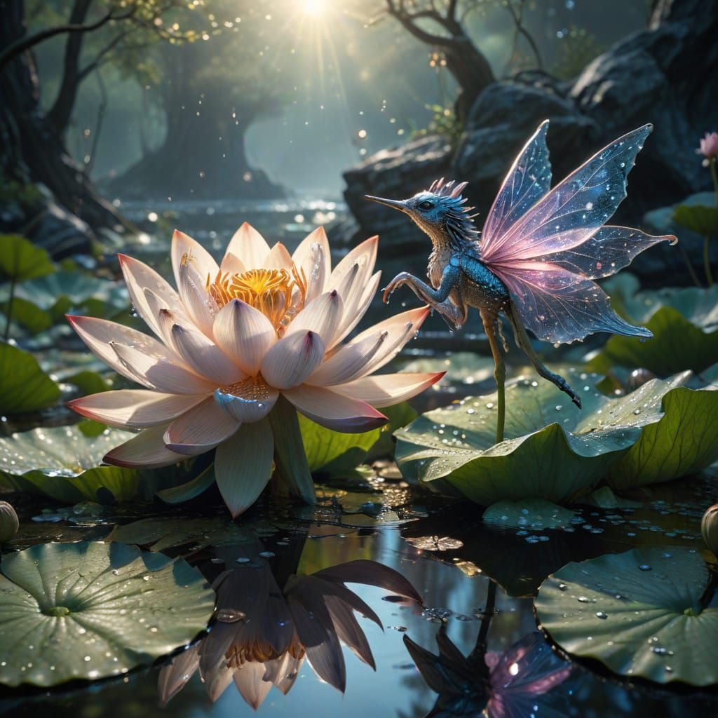 Fairies Kissing on Dew-Kissed Lotus Flower