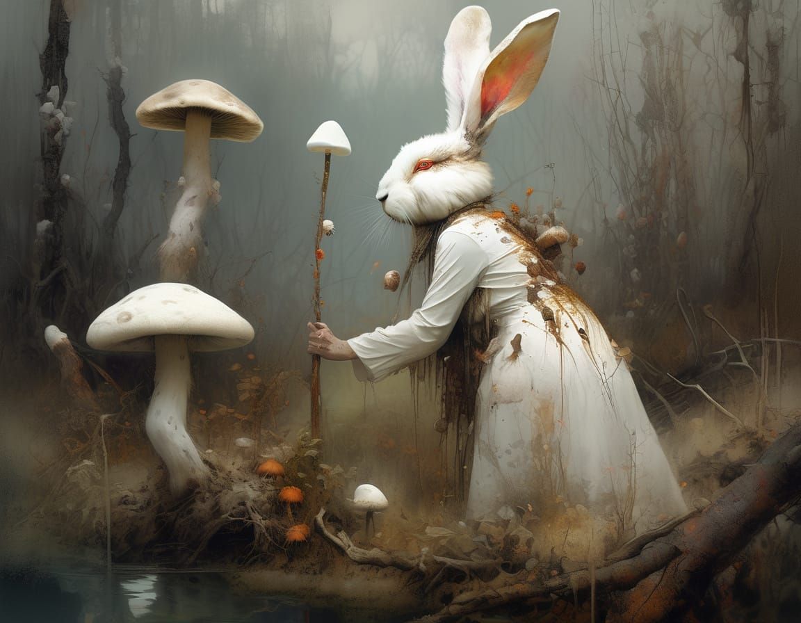 Rabbit Woman in Hazy Swamp Amidst Mushrooms