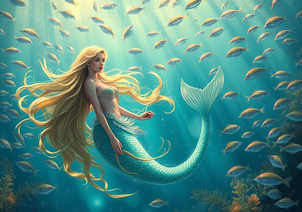Golden-Haired Mermaid in Underwater Realm