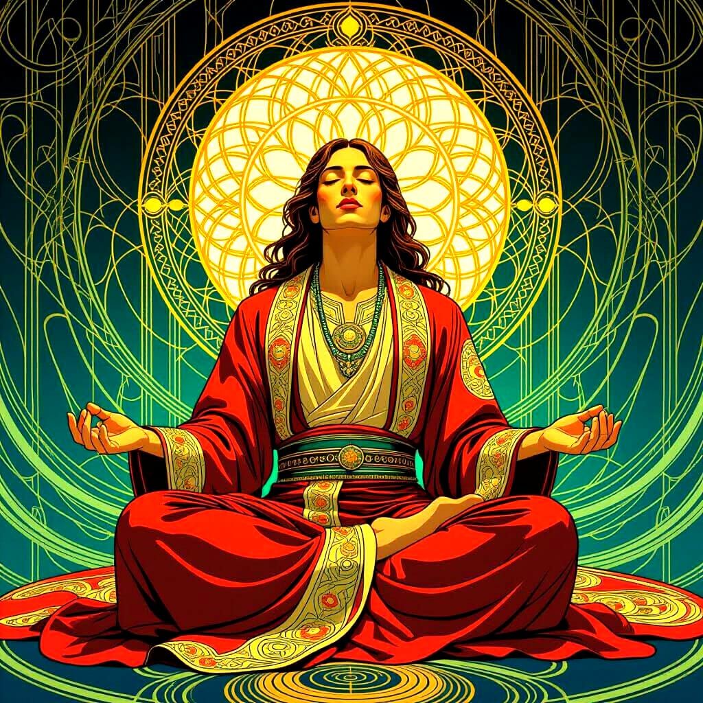 Cosmic Sage Meditating in Art Nouveau Style