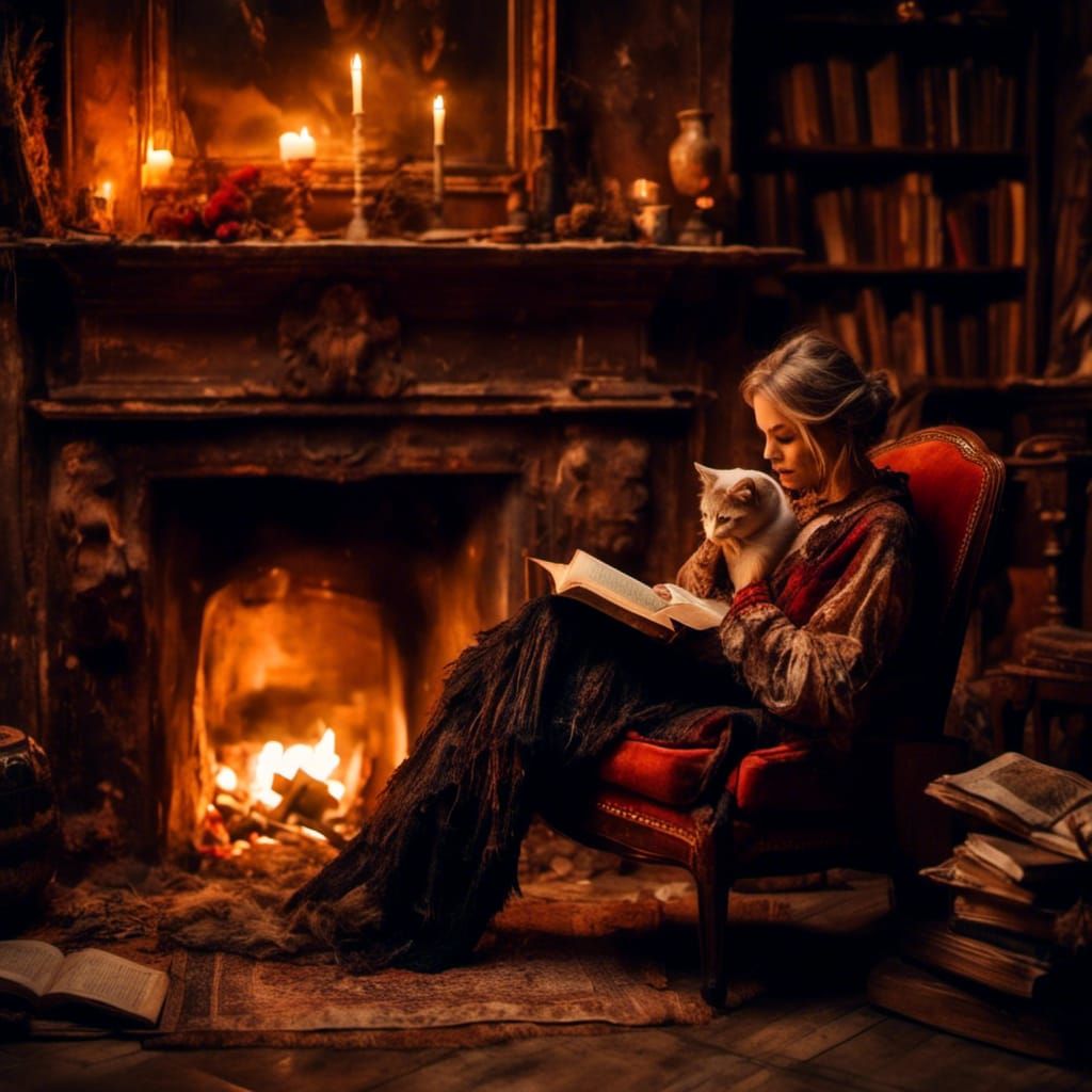 Woman Reading by Candlelight with Cat
