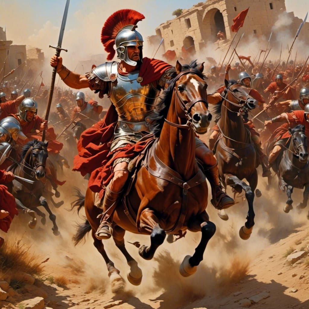Roman Warrior Charging in Oil Painting Style