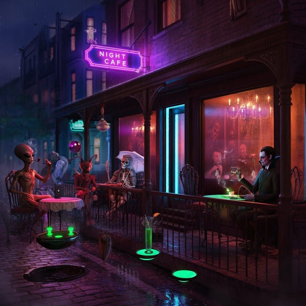 Hyperrealistic Night Cafe Scene with Eclectic Details