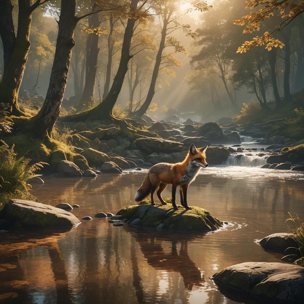 Fox in Forest River, Detailed Matte Painting