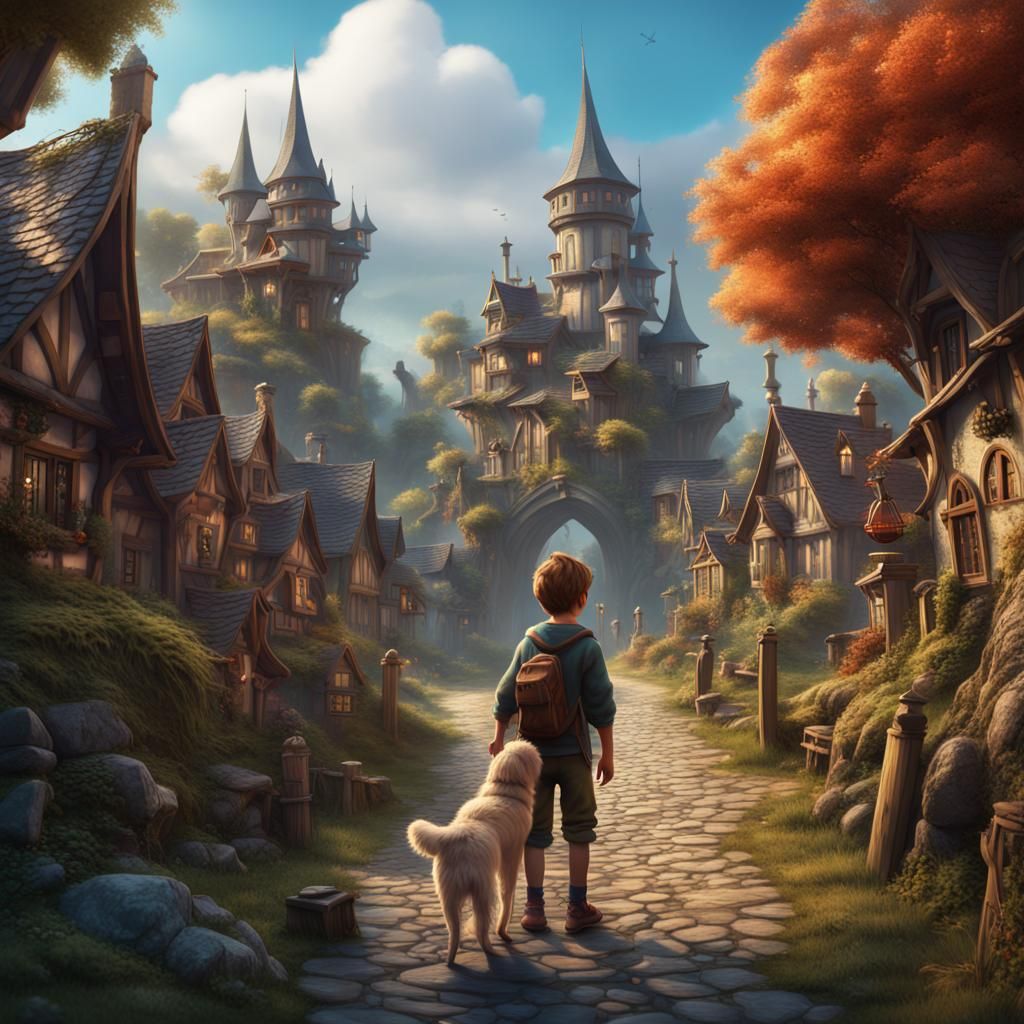 A boy and his dog is visiting a Little fairy town
