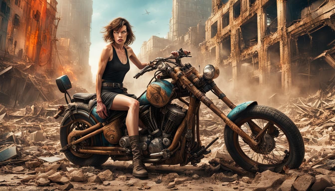 Milla Jovovich Rides Chopper in Ruined City