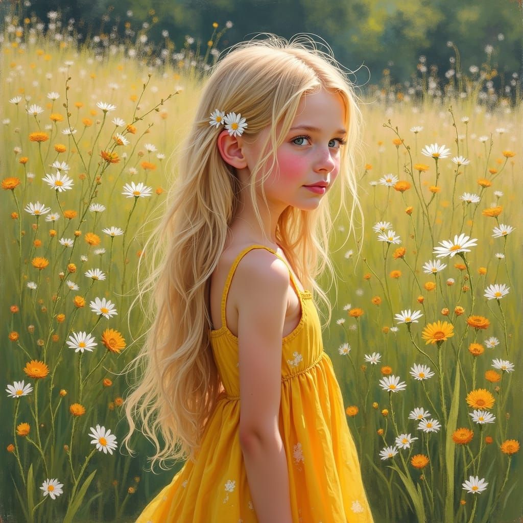 Blonde Girl Stands in a Vibrant Wildflower Meadow