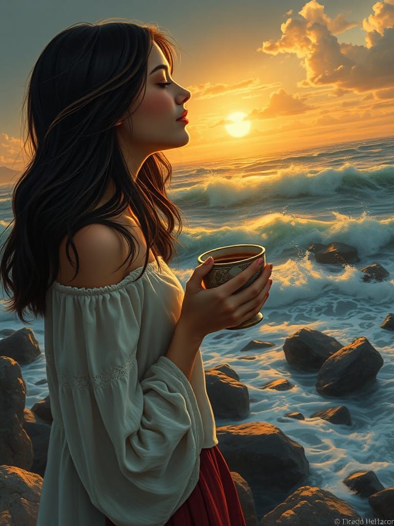 Girl with Coffee at Stormy Sea, Hyper-Detailed
