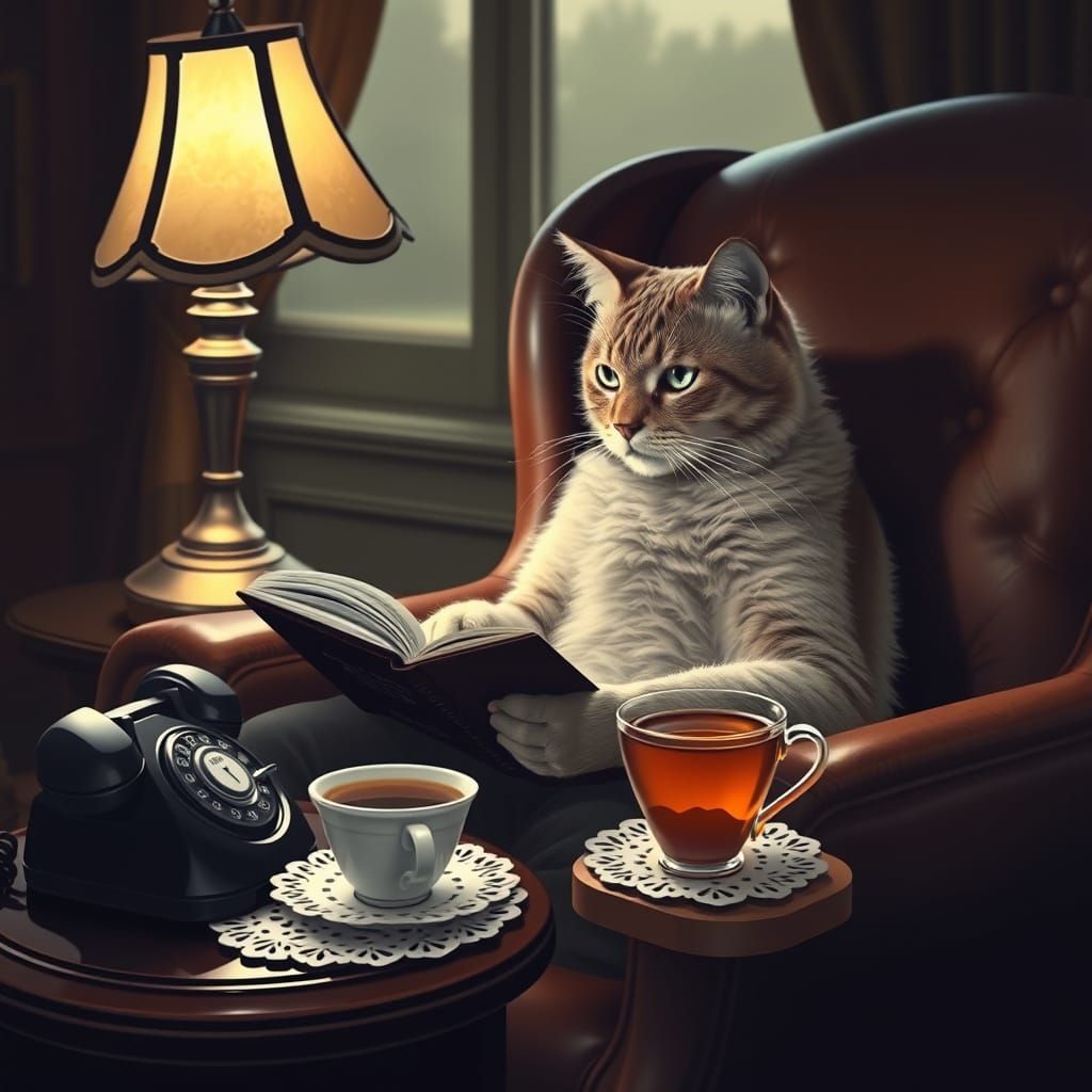 Silent Generation Cat Reading a Book by Lamp Light