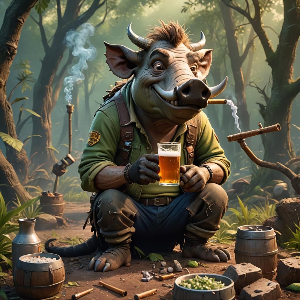 Warthog Boilermaker in Swamp: Pixar-Style 3D Art