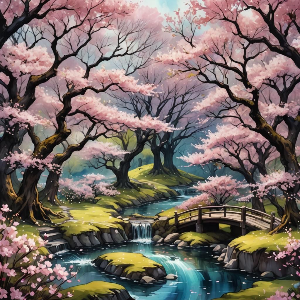 Cherry Blossom Park: Alcohol Ink and Watercolor