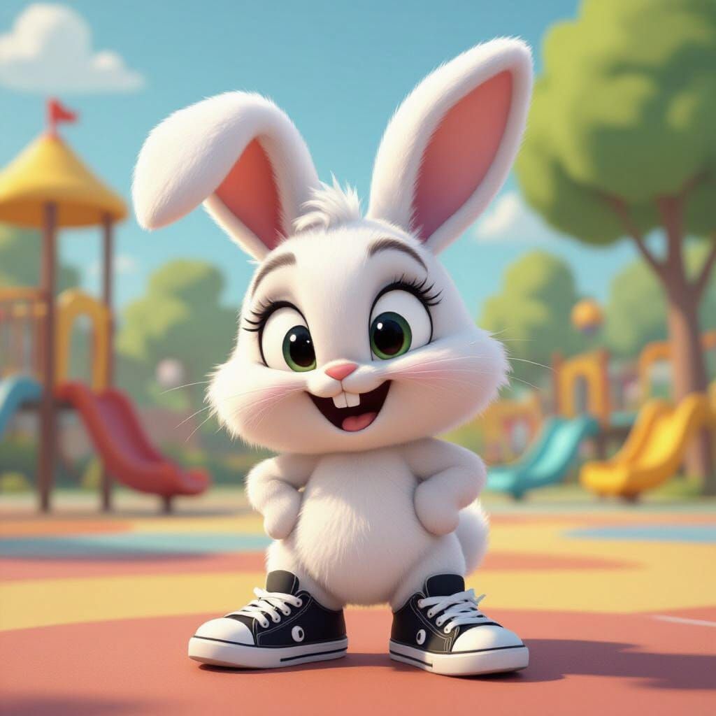 Fluffy Bunny Character in 2D Animation Style with Sneakers