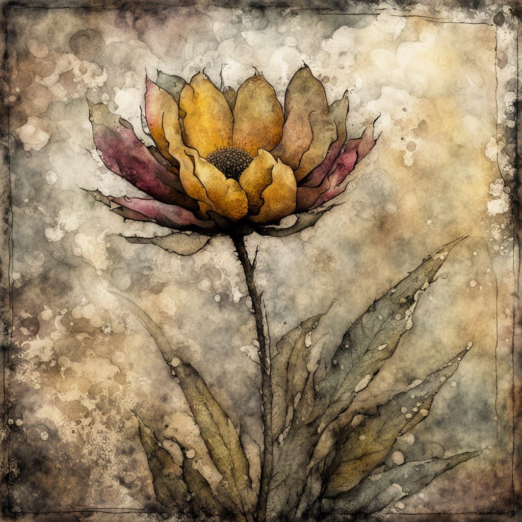 Warmly Lit Blooming Beauty in a Gritty, Antique Watercolor S...