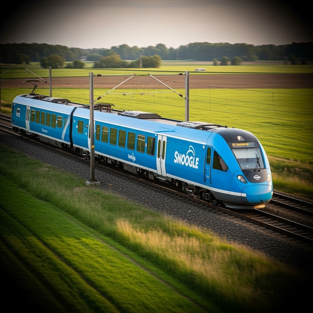 Snoogle Train in Blue and White Moves Through Rural Landscap...
