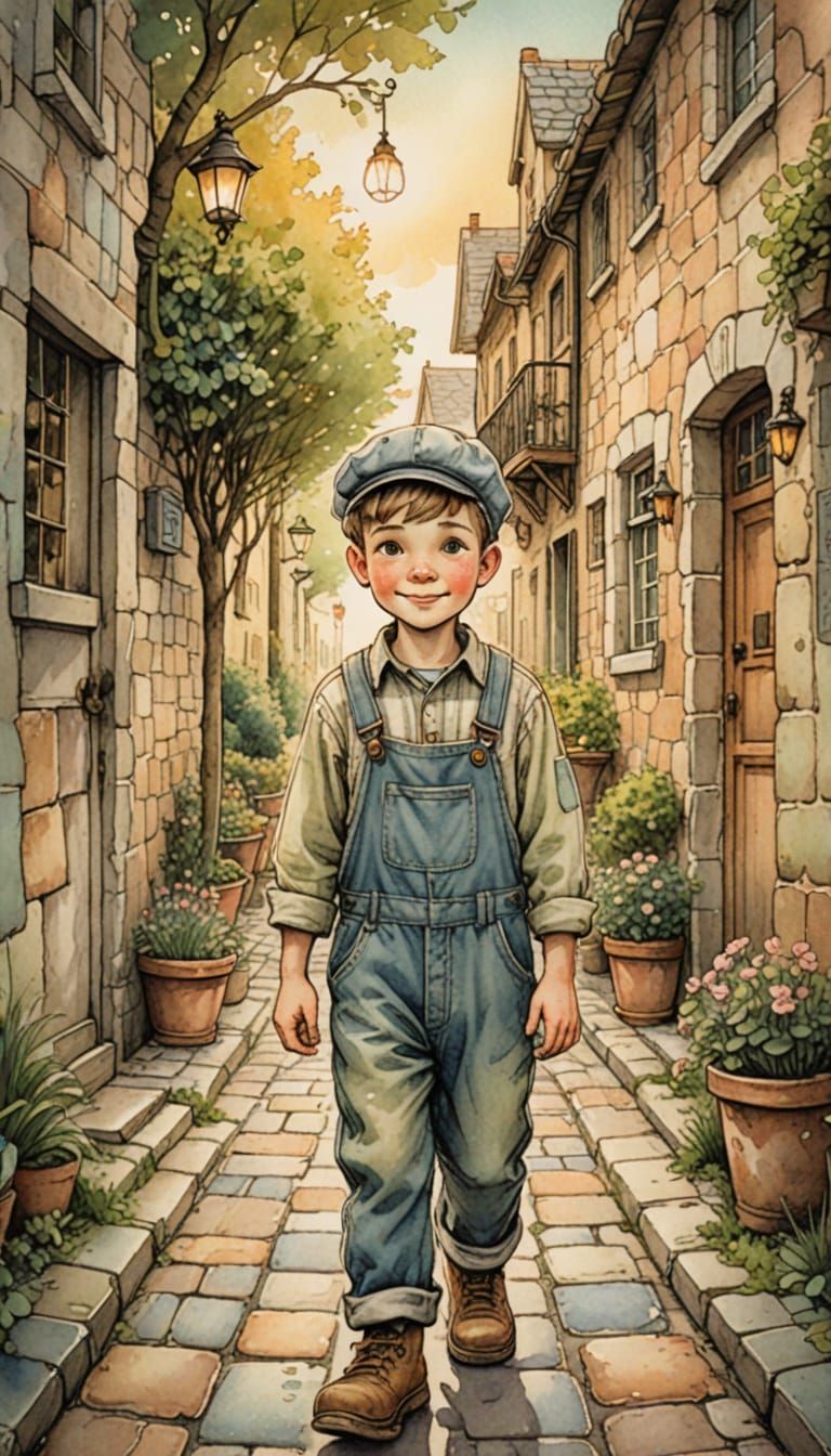 Whimsical Boy Strolls Along Cobblestone Path in Vintage Colo...