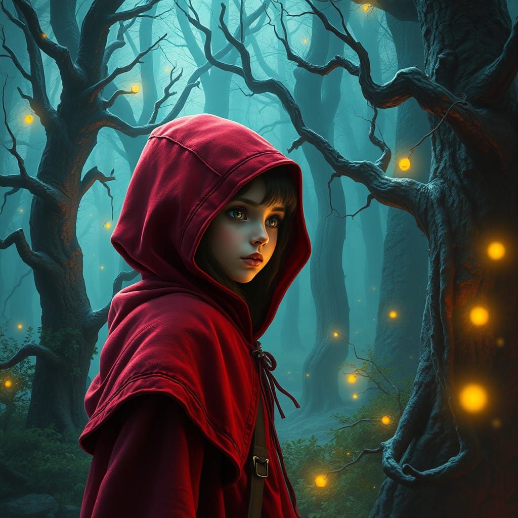 Crimson Hooded Girl in Lush Fantasy Forest