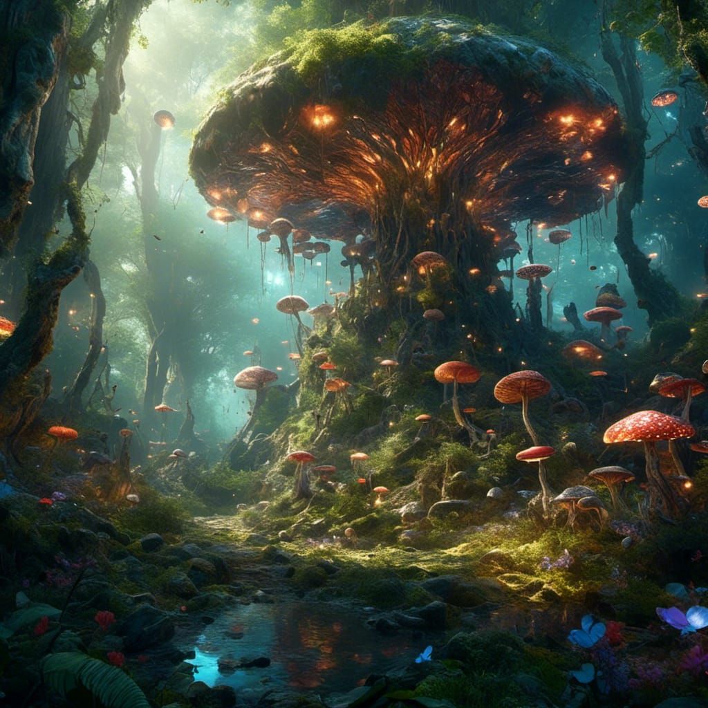 Magical Mushroom Forest with Fairies in Detailed Matte Paint...