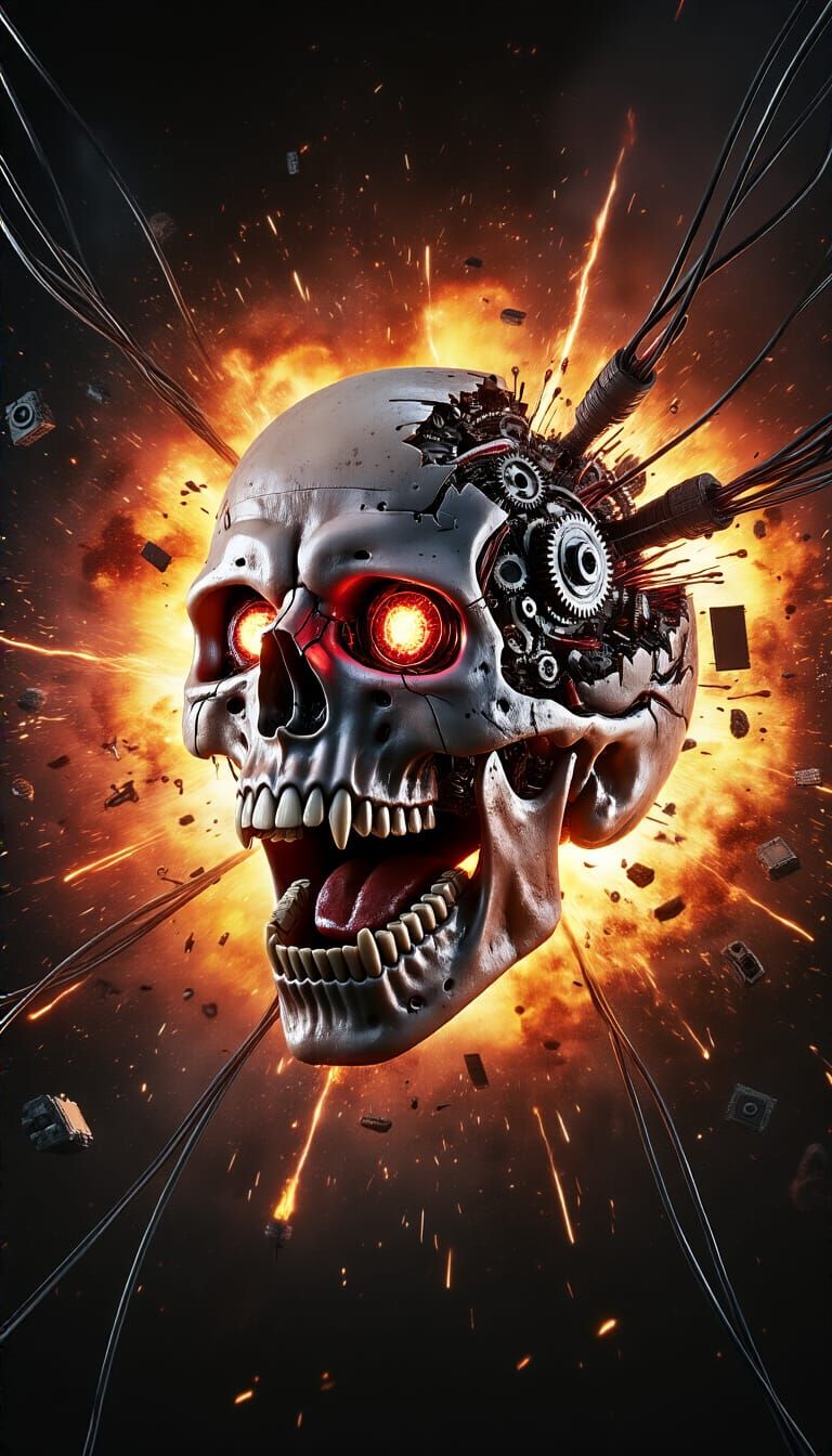 Biomechanical Skull Exploding in Cosmic Eruption