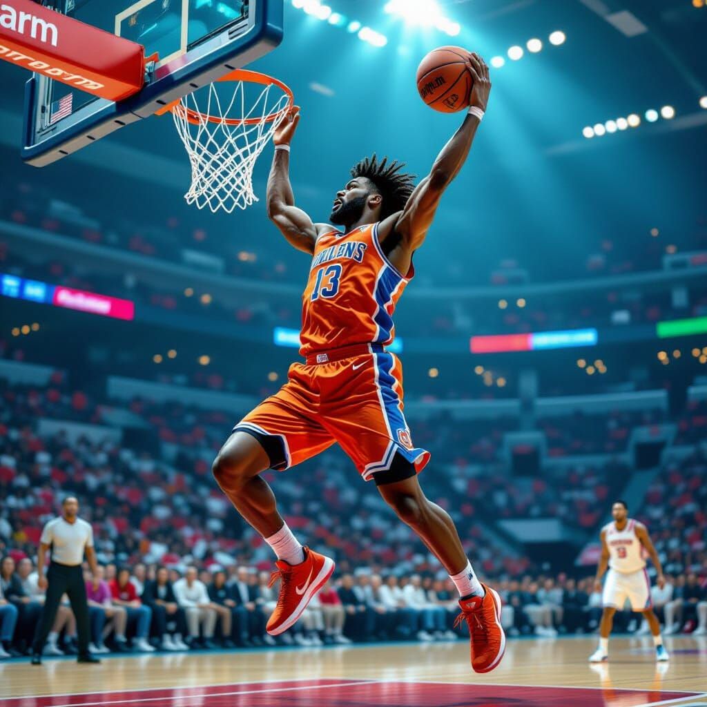 Hyperrealistic Basketball Player Slam Dunk in Mid-Air