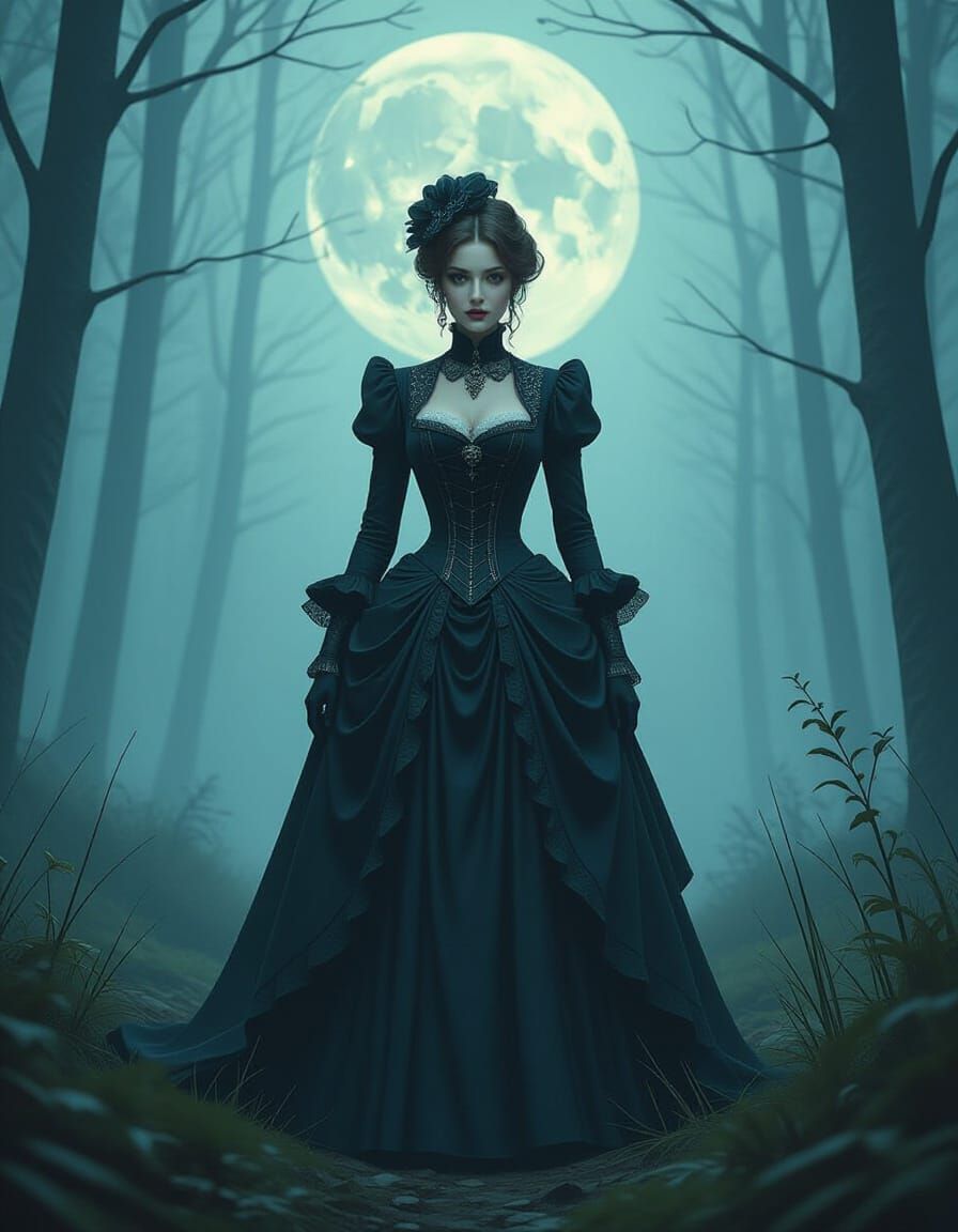 Mysterious Victorian Woman in Misty Moonlight Forest