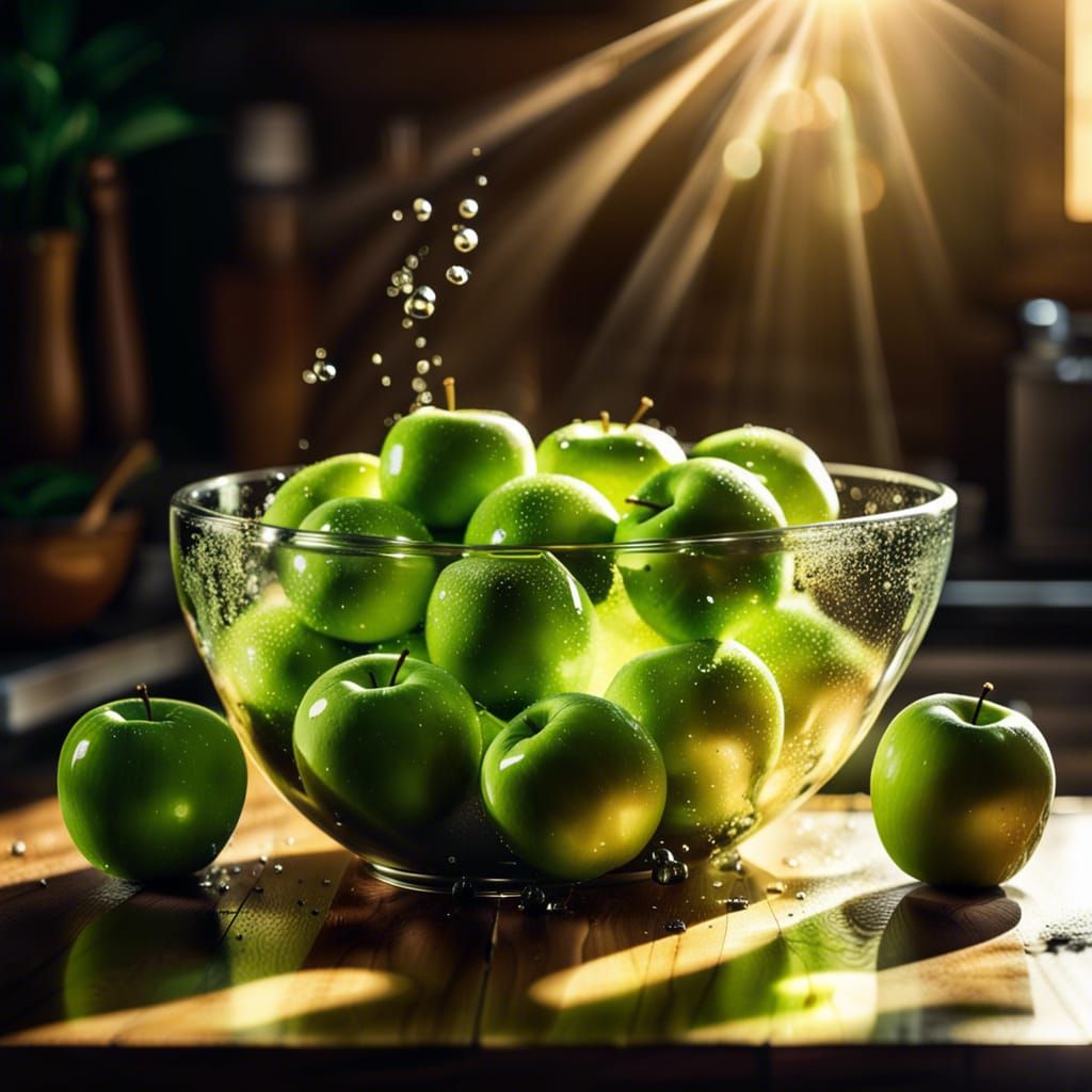 Wet Green Apples in Glass Bowl, Splash Art