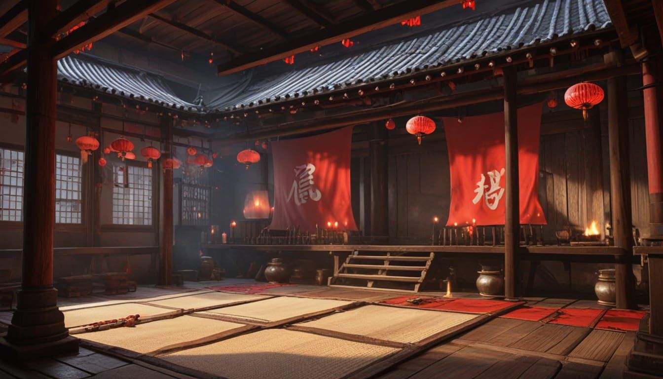Japanese Dojo Concept Art with Banners and Candles