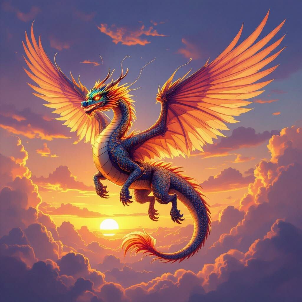 Majestic Dragon-Pegasus Hybrid Soars Through Sunset Sky