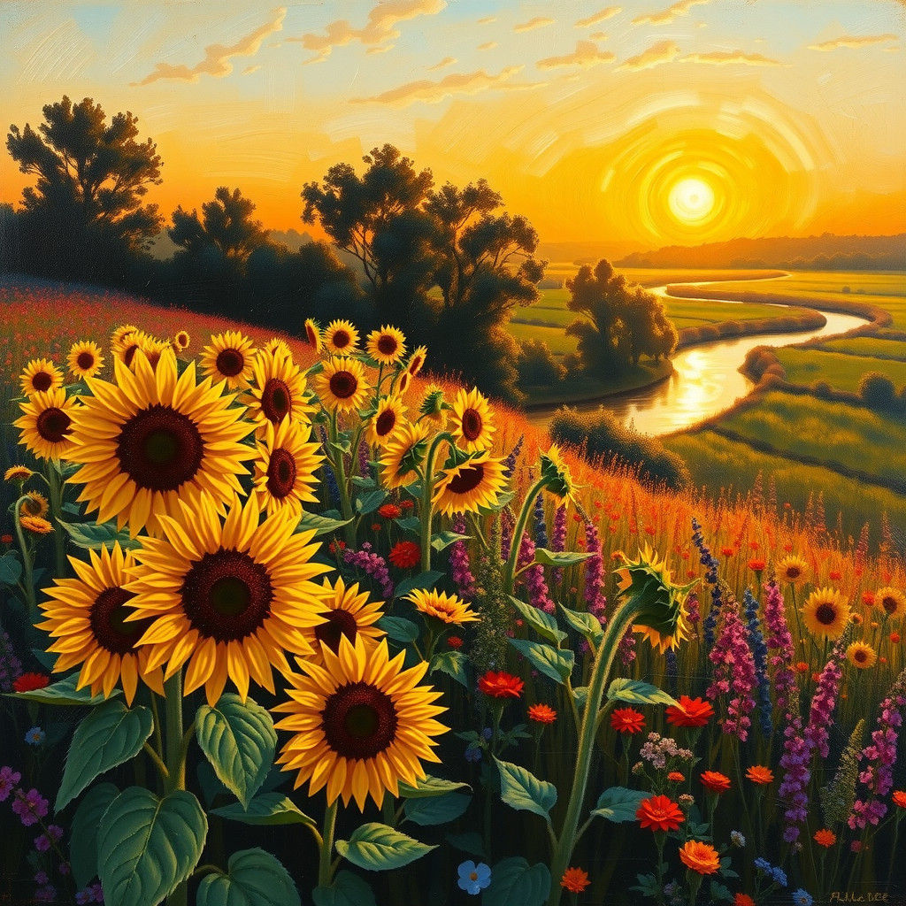 Floral Sunset Oil Painting in Impressionistic Style