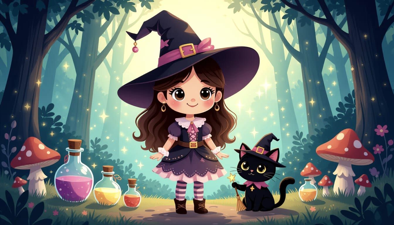 Cute Witch and Cat in Magical Forest