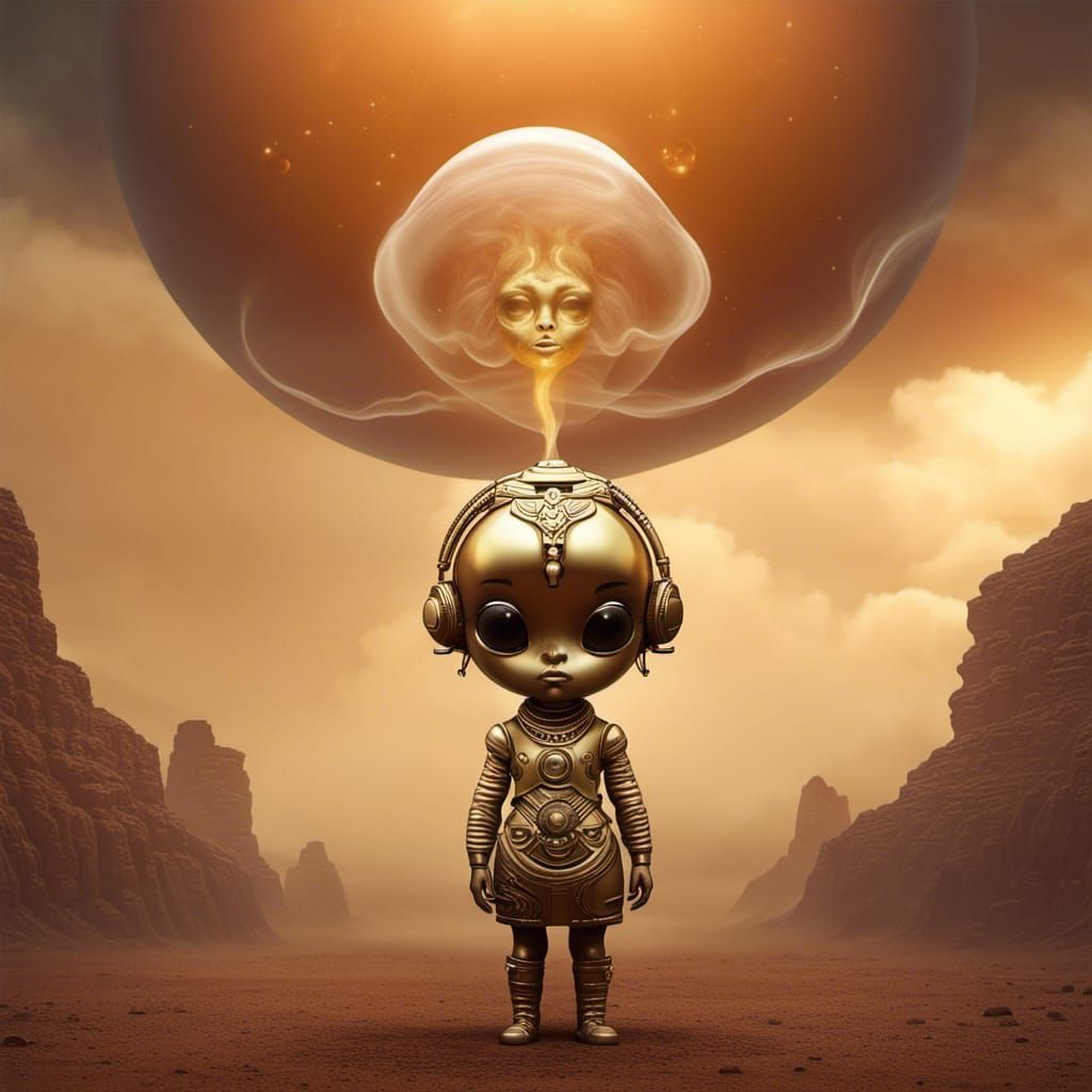 Chibi Golden Alien Queen on Mars in Dreamlike Style