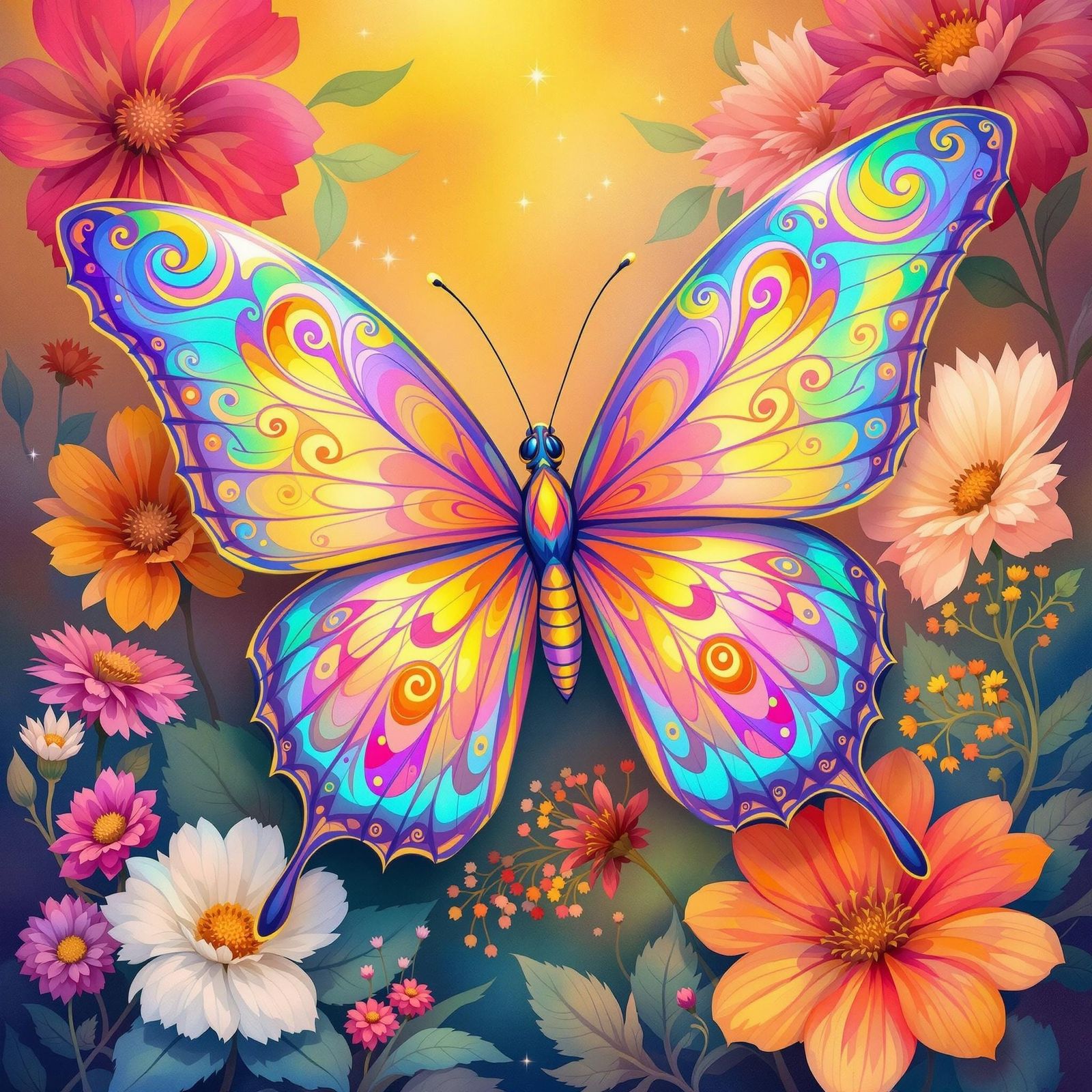 Vibrant Psychedelic Butterfly in Whimsical Floral Landscape