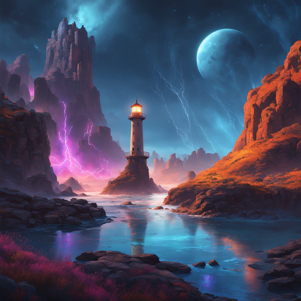 Mystical Lighthouse Illuminated by Lunar Light