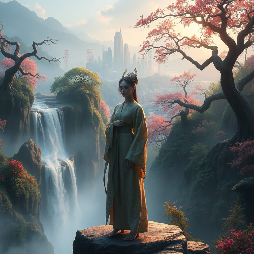 Ethereal Silk Figure by Mystical Waterfall