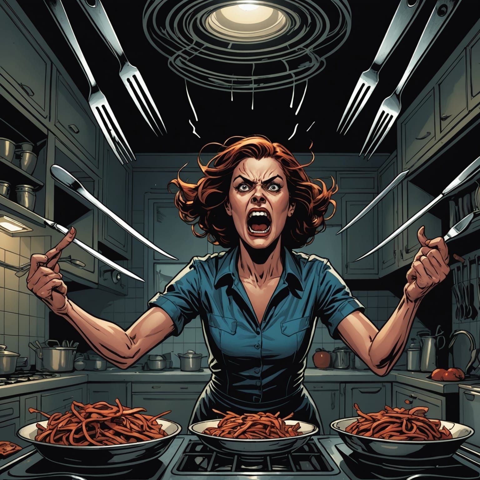 Angry Woman in Dark Kitchen: Comic Book Art