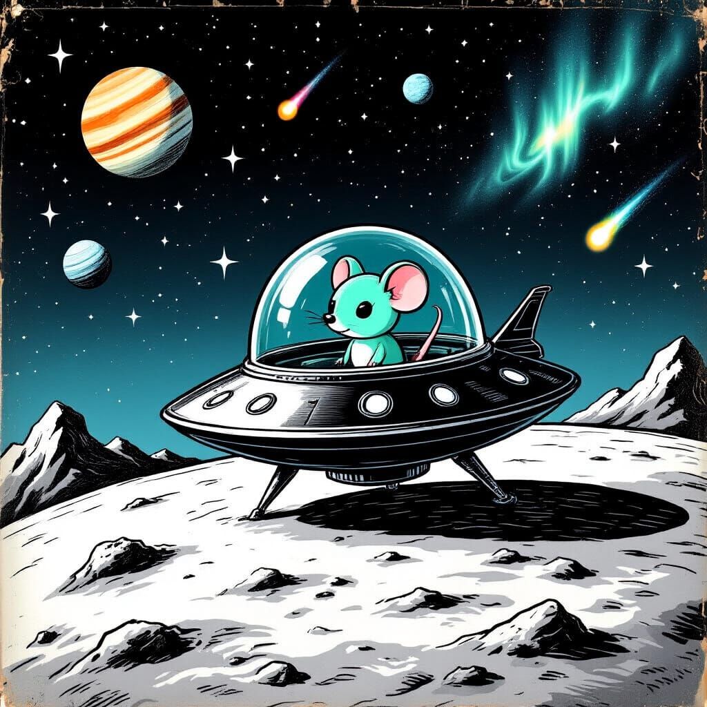 Vintage 1950s Animation Art: Alien Spaceship with Mouse on M...