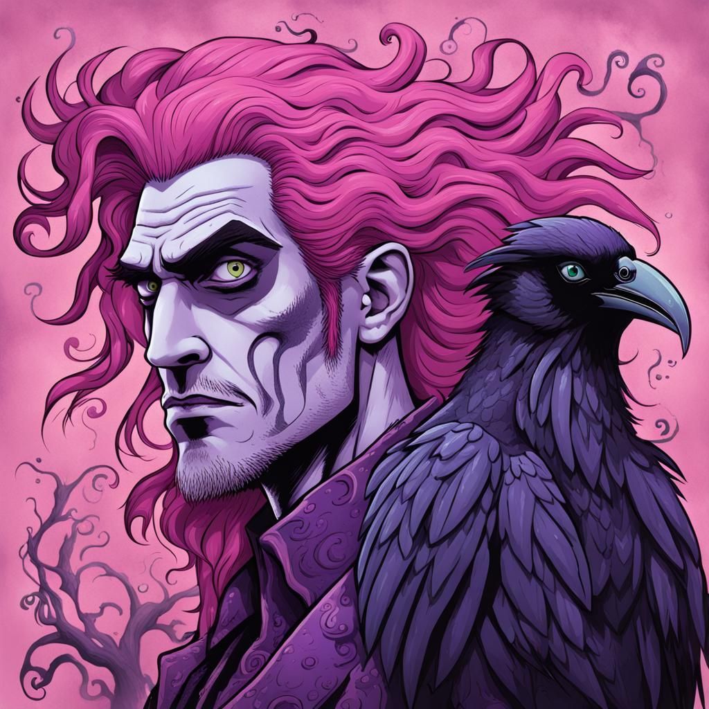 Pink Haired Man Holding Raven, Tim Burton Style