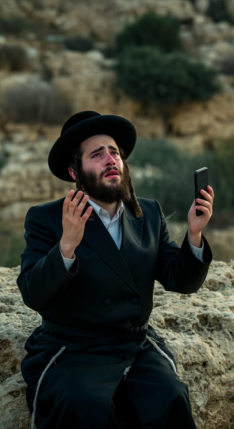 Hasidic Man in Spiritual Crisis, Surrounded by Digital Distr...
