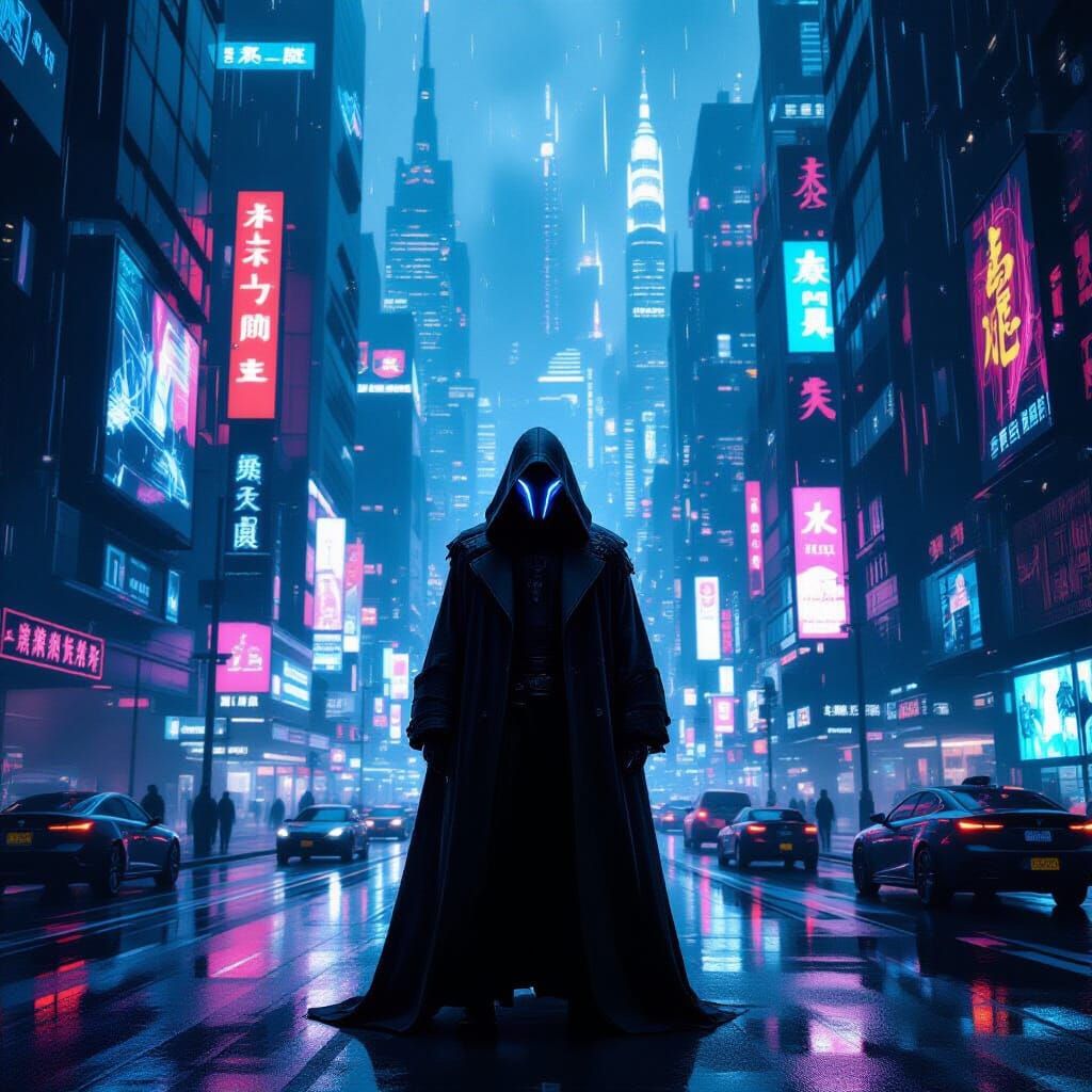 Cyberpunk Figure in Retro-Futuristic Metropolis