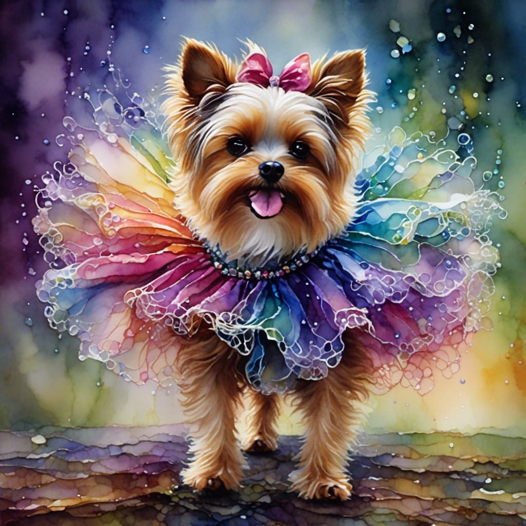 Dog in Tutu Standing Up, Hyperrealistic Image