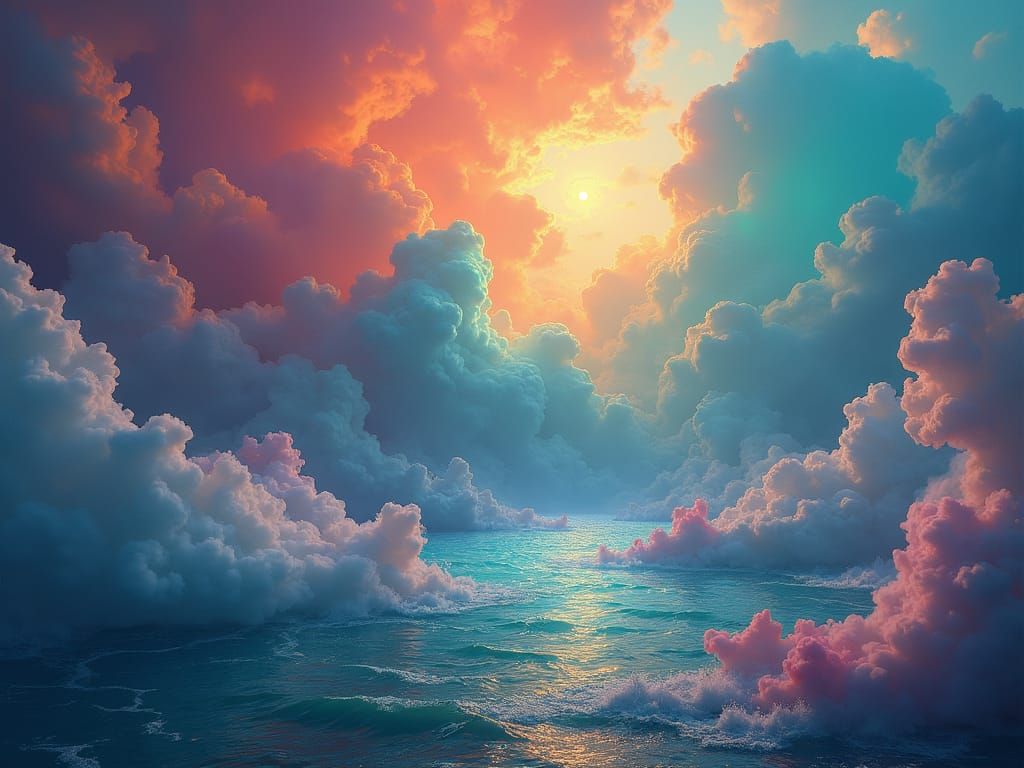Rainbow Clouds over Maelstrom Sea: Digital Illustration