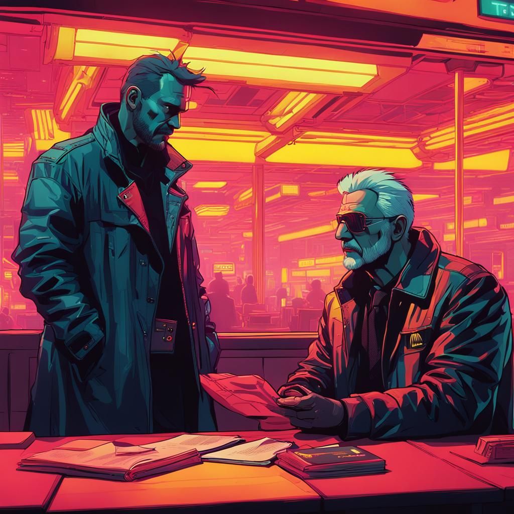 Cyberpunk Men Discussing Government Secrets at McDonald's