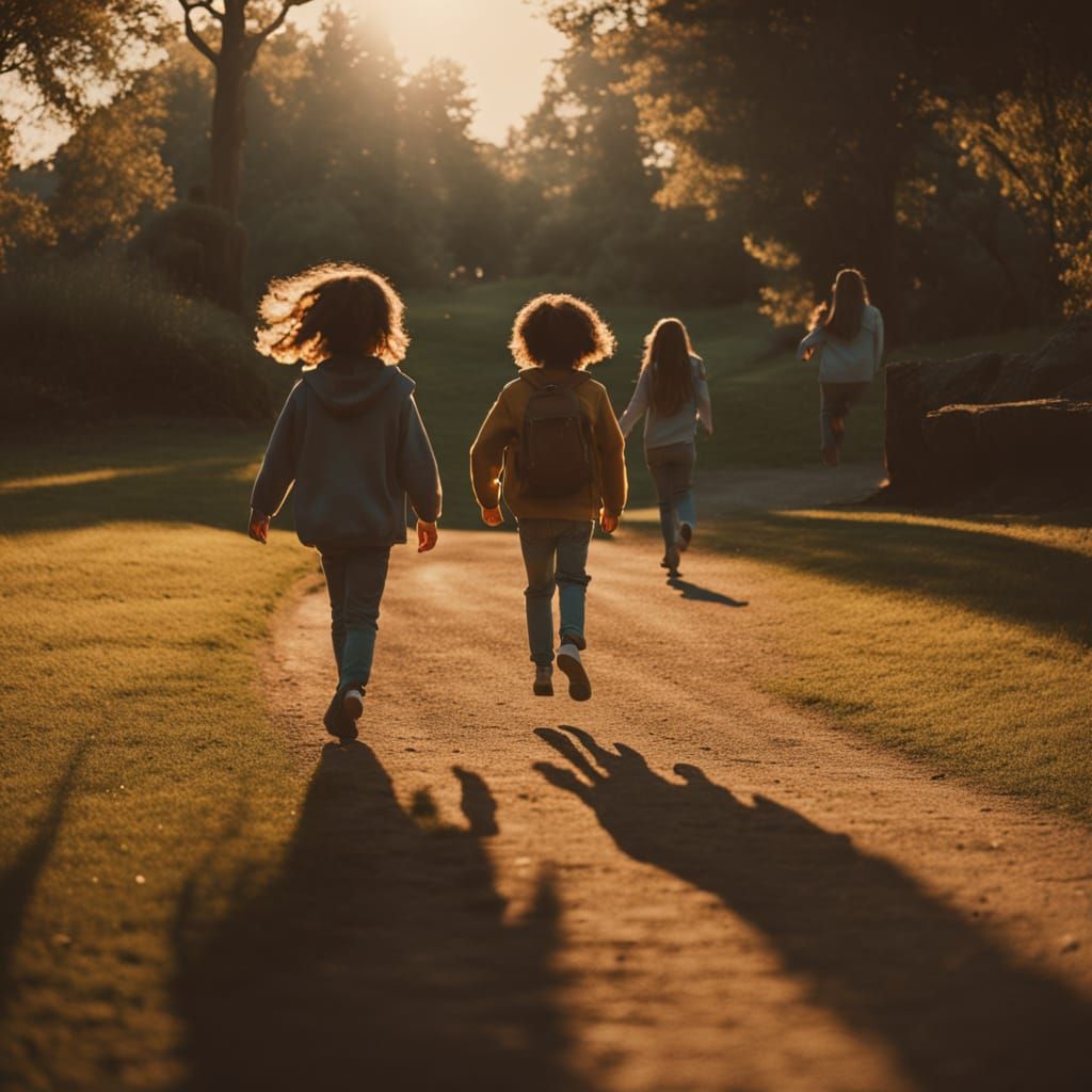 Girl Skipping, Boy Walking: Cinematic Golden Hour