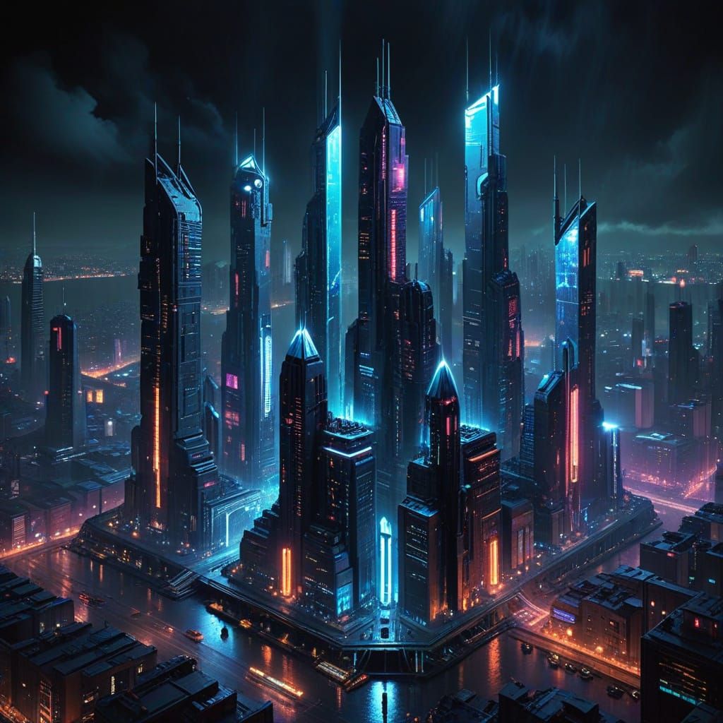 Futuristic Isometric City with Holographic Projections